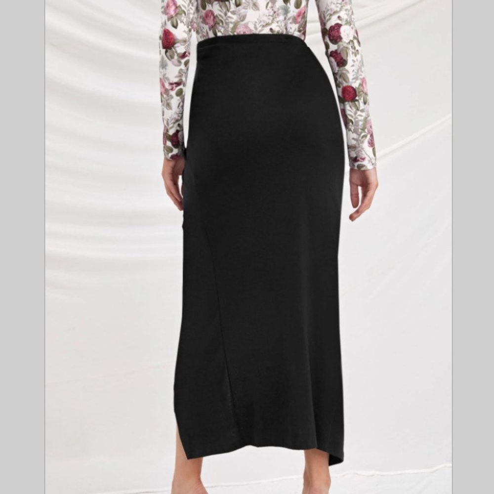 NWT Maternity skirt black long elastic waist wrap work occasional with split - Picture 2 of 6